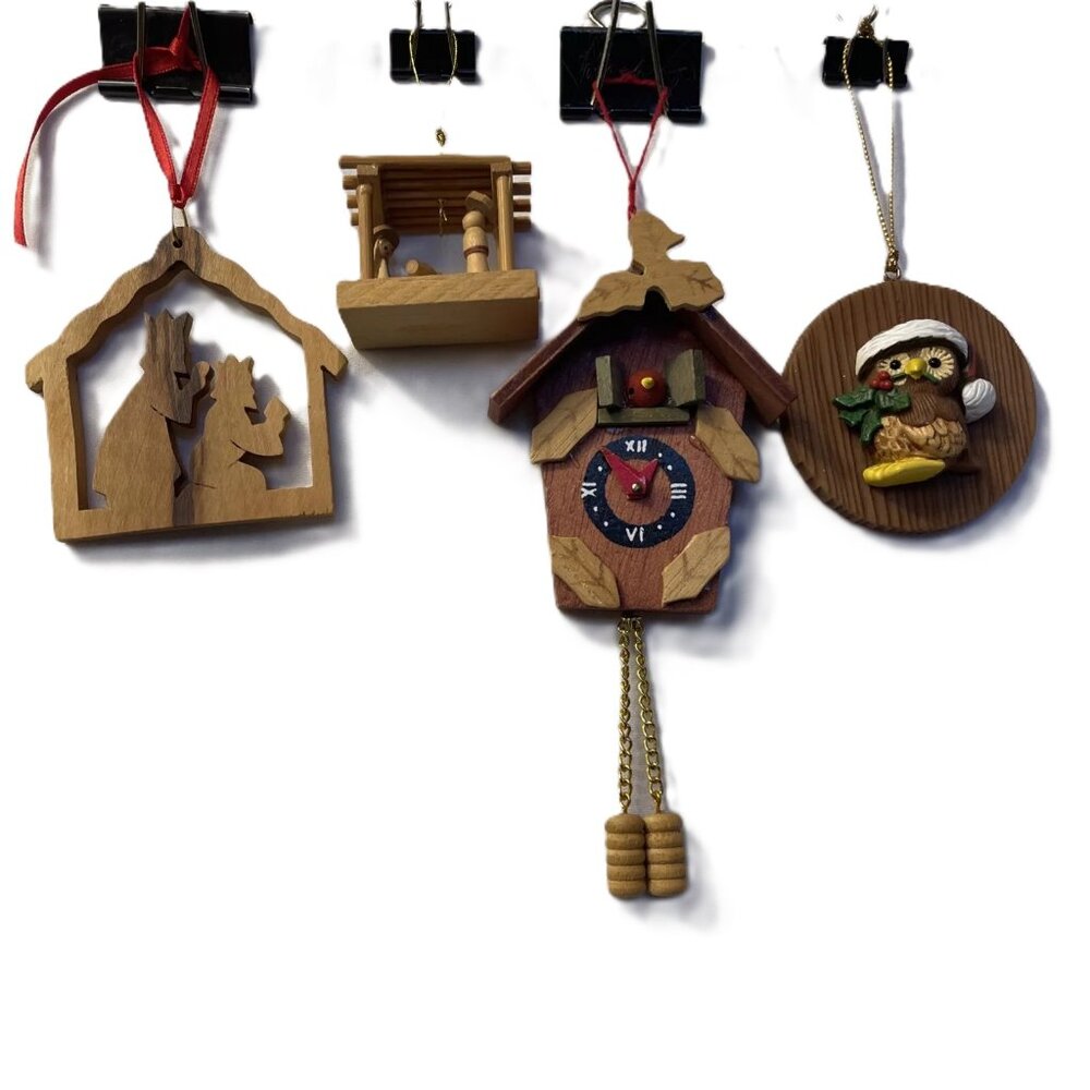 Lot of 4 Wooden Chrismas Ornaments 2 Nativity 1 Cuckoo Clock 1 Owl
